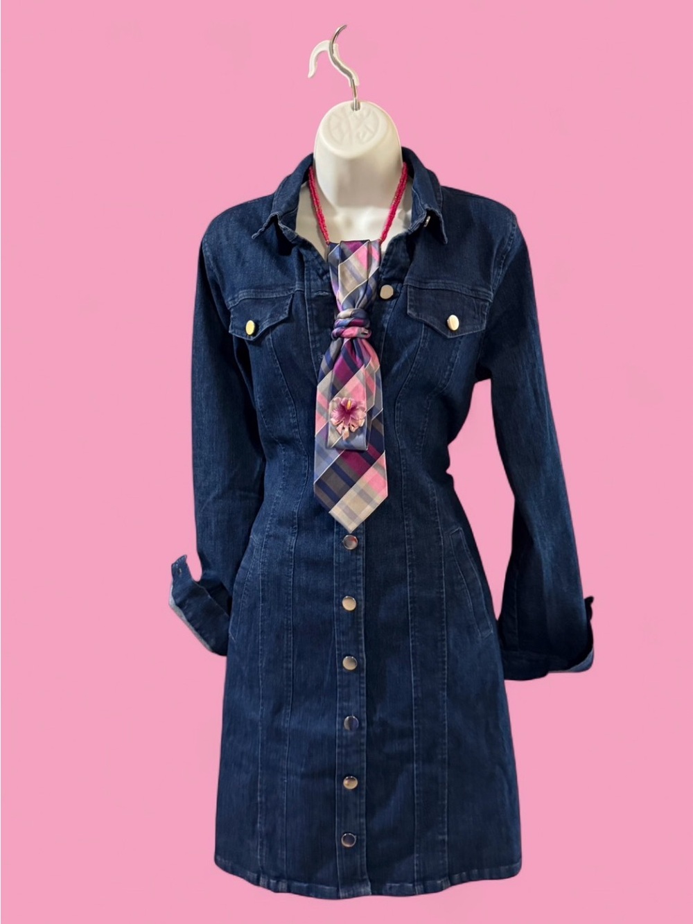 Upcycled Pink and Blue Plaid NeckTie Necklace with Vintage Lily Pin - Picture 4 of 5